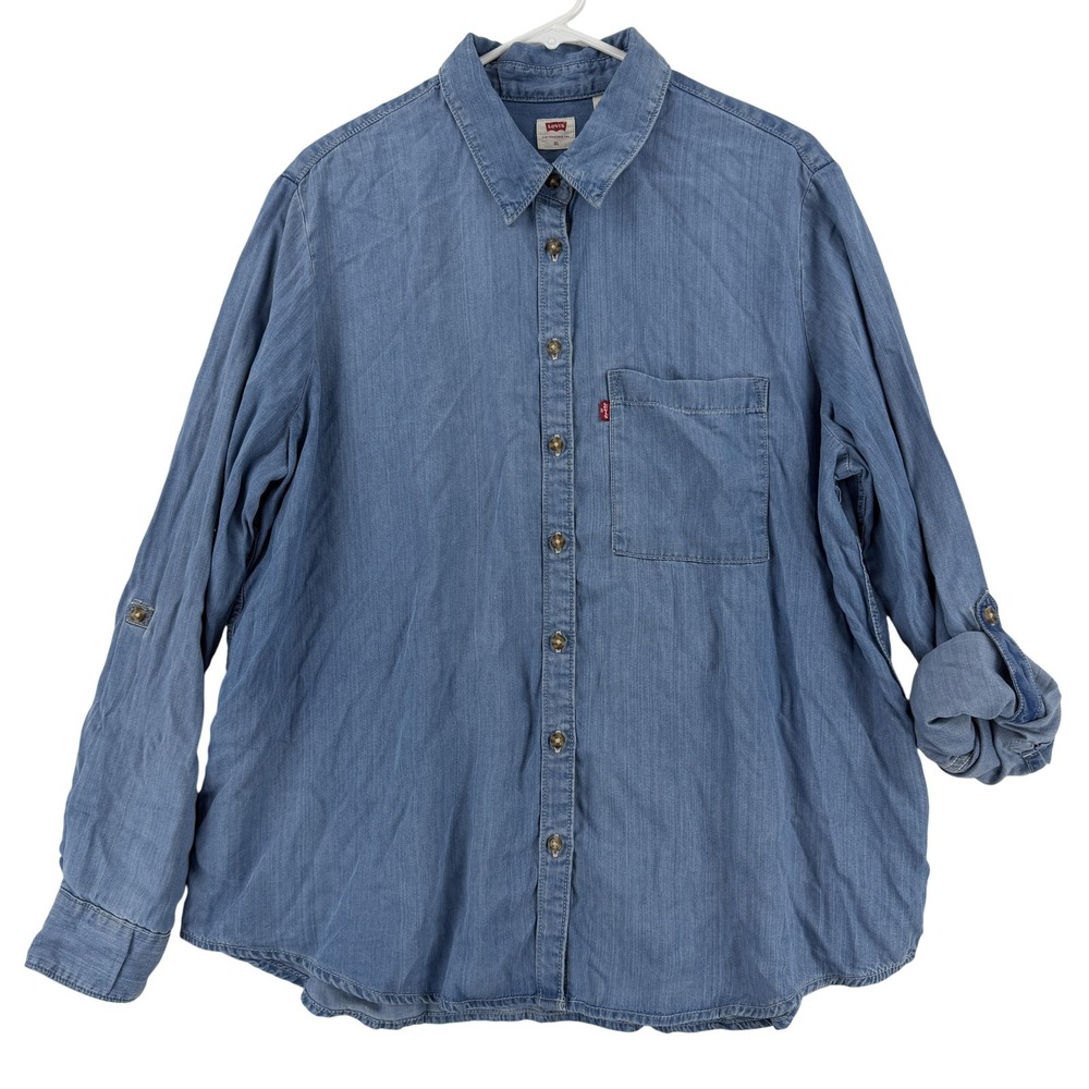 Levi's Shirt Womens‎ XL Blue Tencel Chambray Button Front Roll Tab Sleeve NWT